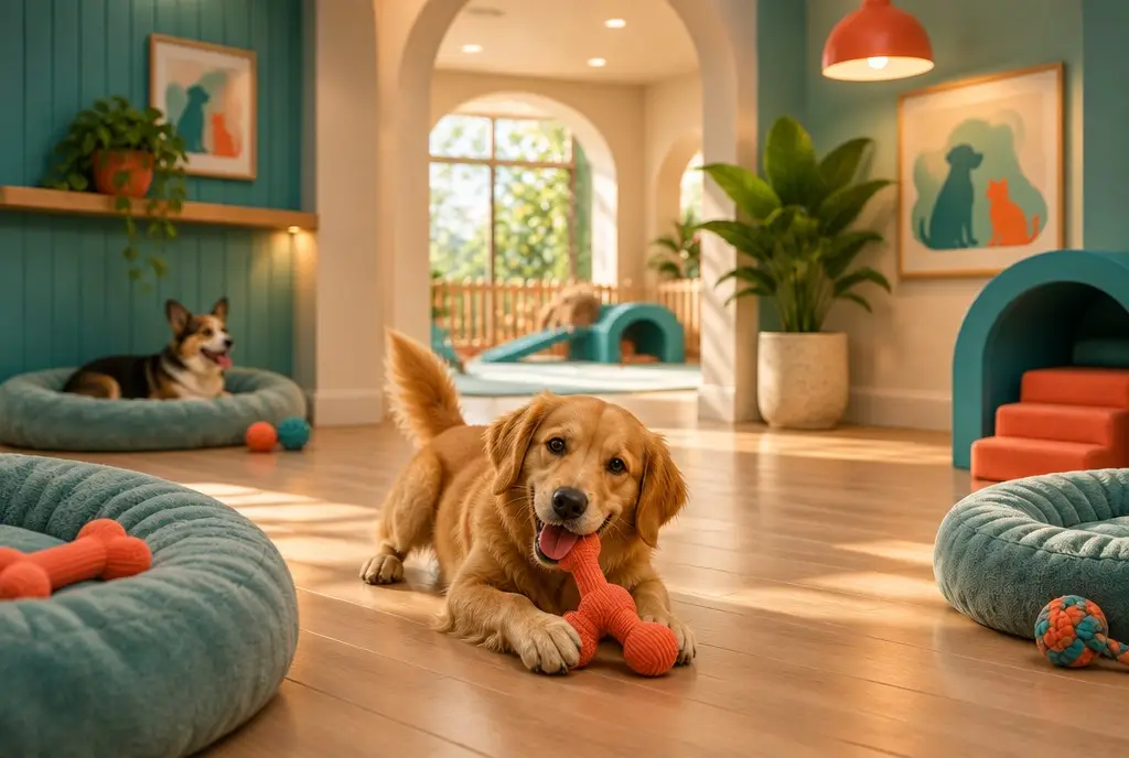 Creche canina moderna com cães brincando em ambiente teal e coral