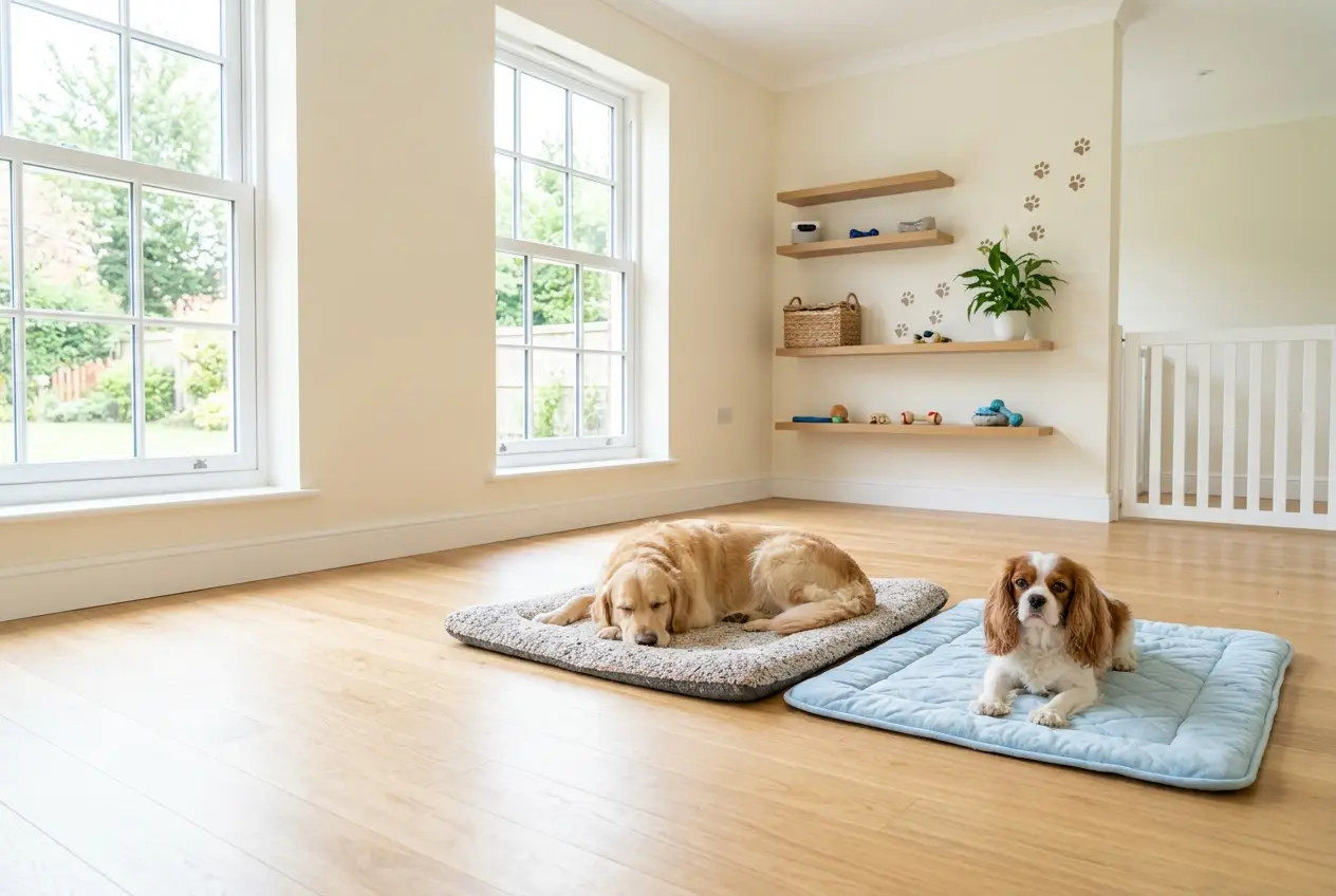 Dois cães descansando em caminhas em um hotel pet iluminado